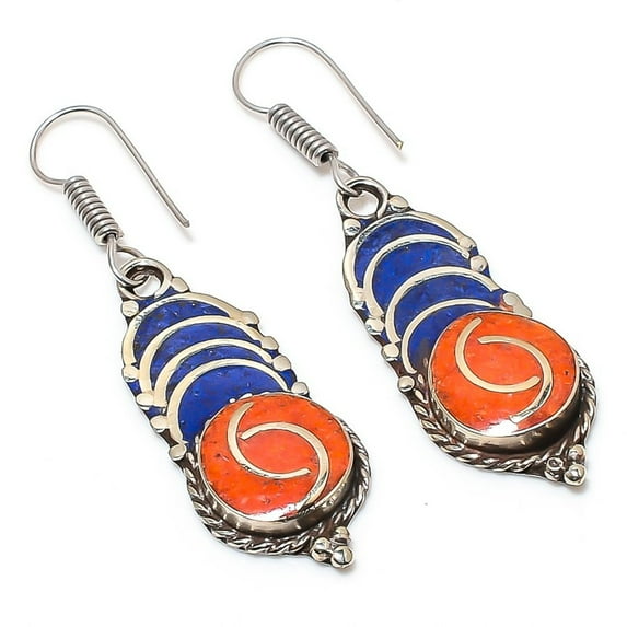 Red Coral Lapis lazuli Gemstone Earrings Tibetan Handmade Jewelry 2.3" NE 5439