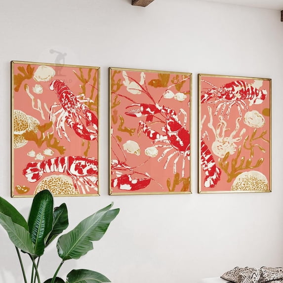 Red Coral Lobster Coastal Sea Life Nautical Beach House Wall Art Set 3 Unframed Paper Print 12x18