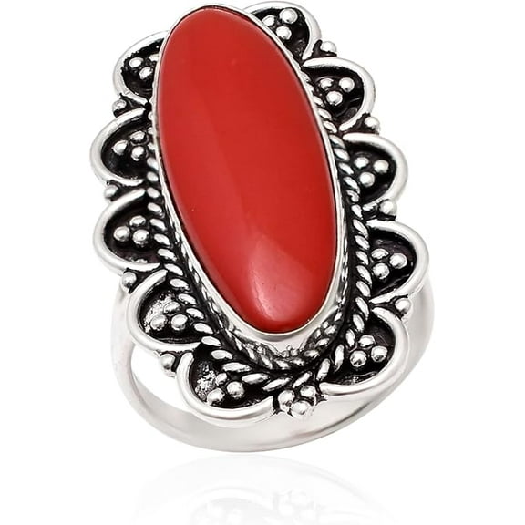 Red Coral Long Oval Gemstone Ring 925 Sterling Silver Statement Ring For Women Handmade Gemstone Christmas Jewellery Gift For Her