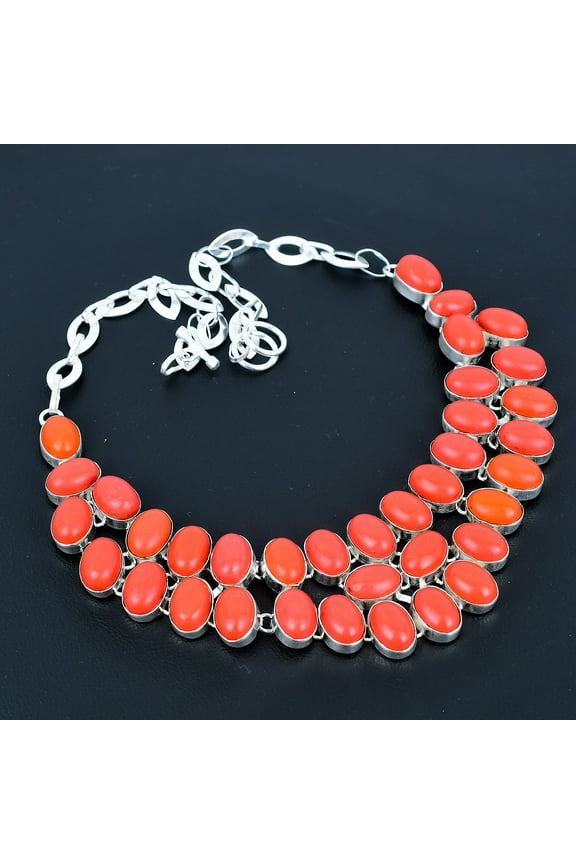 Red Coral Oval Gemstone Ethnic 925 Sterling Silver Jewelry Necklace 18" VJ 1073
