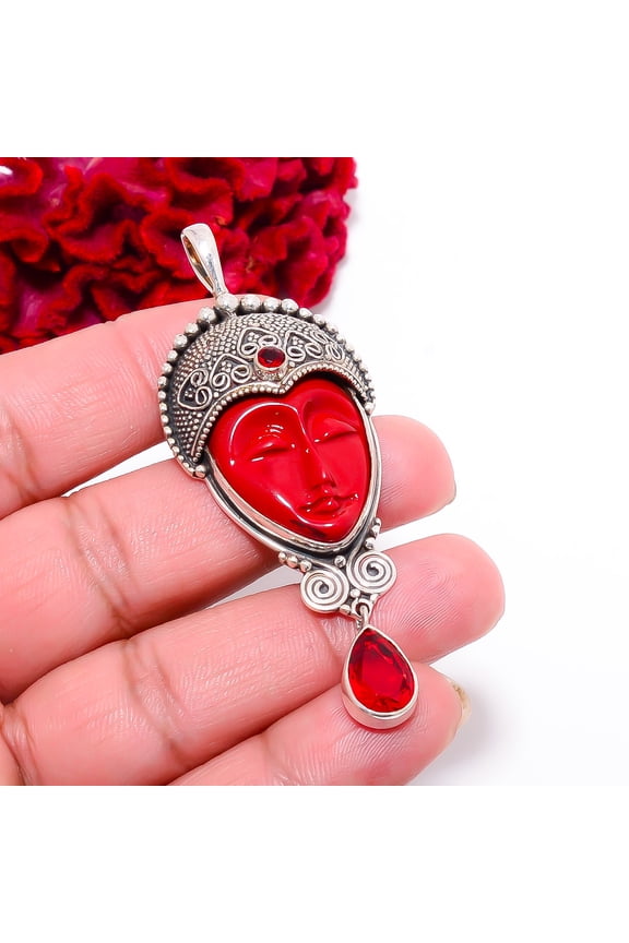 Red Coral & Red Garnet 925 Sterling Silver Oxidised Goddess Pendant 2.81" P99217, Christmas Gift