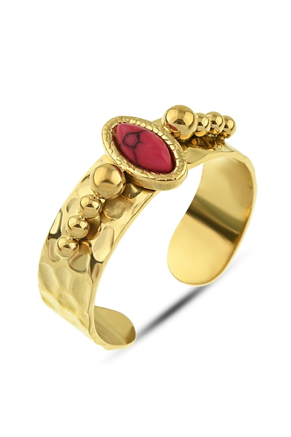 Red Coral Ring - Adjustable Ring - 14K Gold Plated Stainless Steel Ring - Hammered Gold Band Ring - Yellow Ball Beaded Vintage Ring for Women - Forefinger Ring
