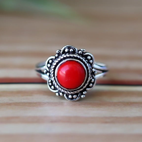 Red Coral Ring, Floral Ring, 925 Silver Ring, Statement Ring, Floral Ring, Crystal Ring, Minimalist Ring, Handmade Jewelry, Anniversary Ring