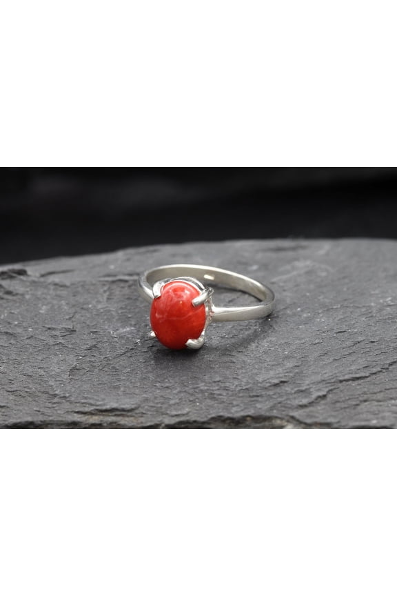 Red Coral Ring, Natural Coral, Solitaire Ring, Promise Ring, Simple Ring, Red Oval Ring, 3 Carat Ring, Proposal Ring, Solid Silver Ring