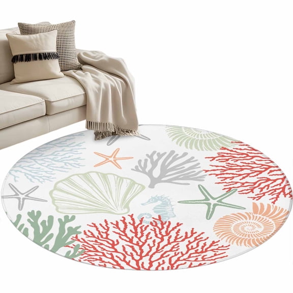 Red Coral Round Area Rug 3ft Sage Green Starfish Non-Slip Washable Circle Rugs Soft Felt Indoor Floor Mat for Bedroom Kitchen Living Room Bathroom