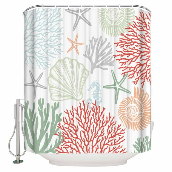 Red Coral Shower Curtain, 72" x 72", Sage Green Starfish Ocean Coastal Seashell Waterproof Bathroom Curtain Washable Shower Curtain Set with 12 Hooks