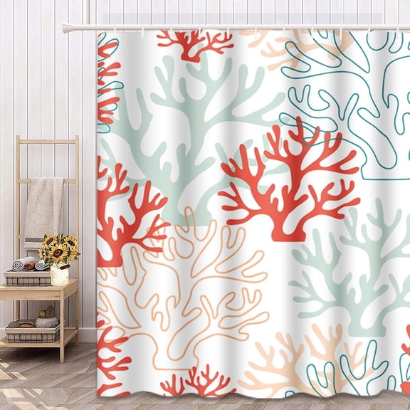 Red Coral Shower Curtain Ocean Tropical Reef Nautical Shower Curtains for Bathroom Home Living Room Cubicle Decorations Waterproof Polyester Bath Curtain with Hooks 72"W x 72"L (Pack of 1)