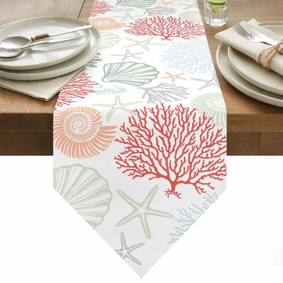 Red Coral Table Runner 48 Inches Long Sage Green Starfish Ocean Coastal Seashell Table Runners for Dining Room Tabletop Dresser Scarf Home Party Banquet Wedding Holiday Decoration
