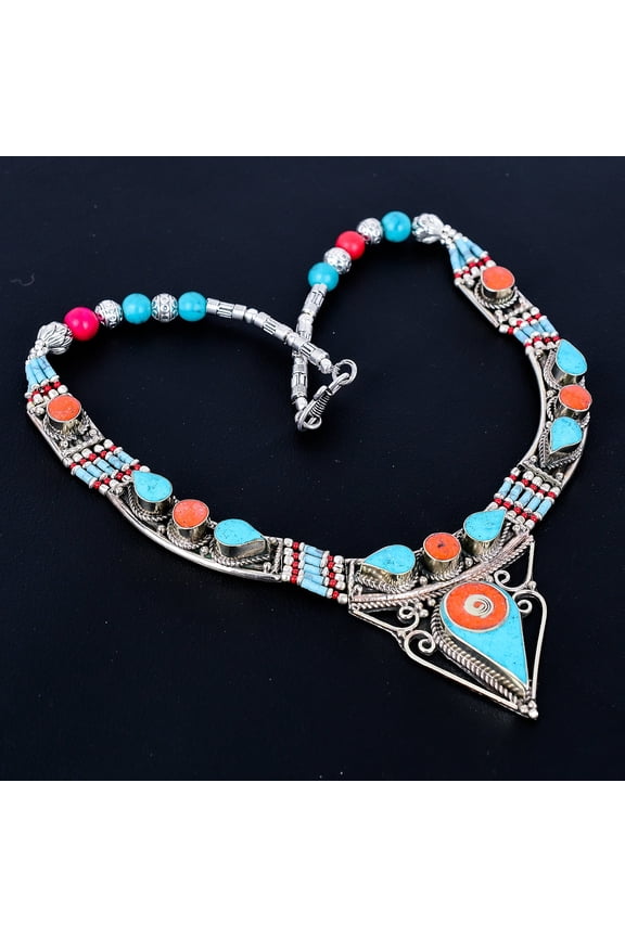 Red Coral Turquoise 925 Sterling Silver Gift Tibetan Nepali Necklace 18" VJ 6677