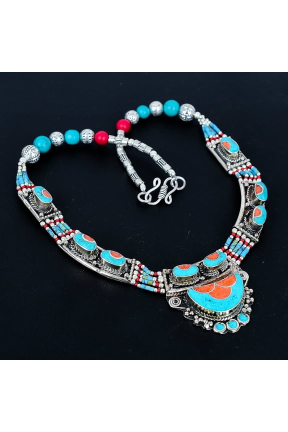 Red Coral Turquoise Handmade 925 Sterling Silver Ethnic Tibetan Necklace 18"