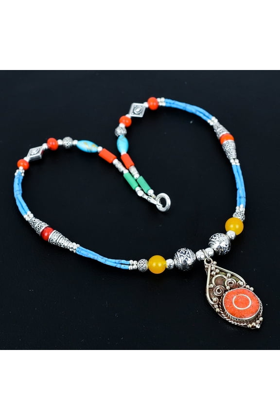 Red Coral Turquoise Onyx Statement 925 Sterling Silver Beaded Necklace 18"