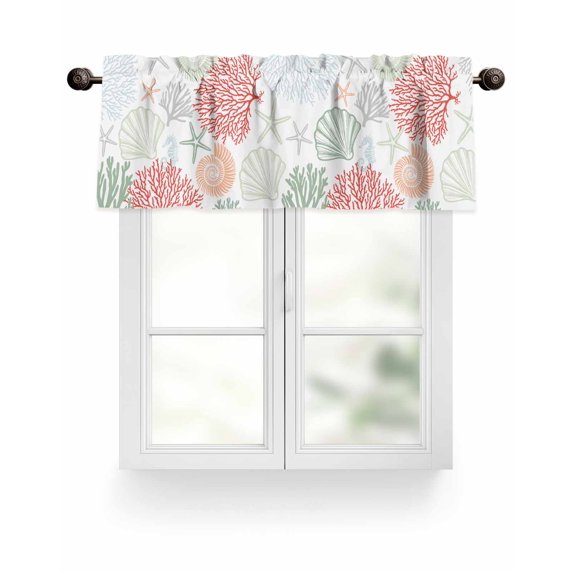 Red Coral Valances for Windows Sage Green Starfish Ocean Coastal Seashell Valance Rod Pocket Light Filtering Short Window Treatments Curtains for Kitchen Bathroom Living Room Bedroom, 60 x 18 Inch