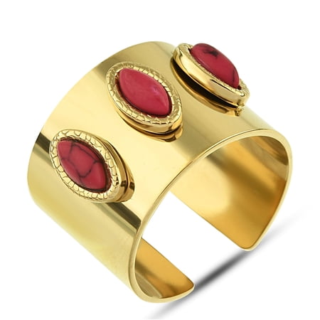 Red Coral Wide Band Ring - Gold Plated Stainless Steel Ring with Tree Oval Stones - Adjustable Ring for Women