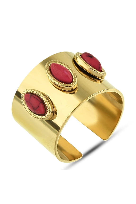 Red Coral Wide Band Ring - Gold Plated Stainless Steel Ring with Tree Oval Stones - Adjustable Ring for Women