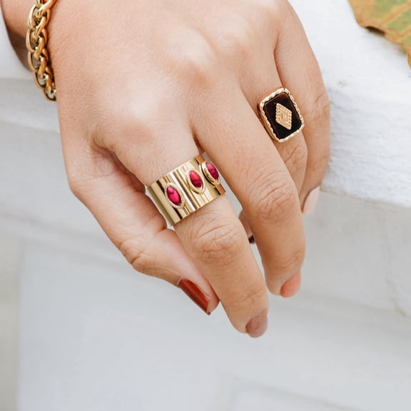 Red Coral Wide Band Ring - Gold Plated Stainless Steel Ring with Tree Oval Stones - Adjustable Ring for Women