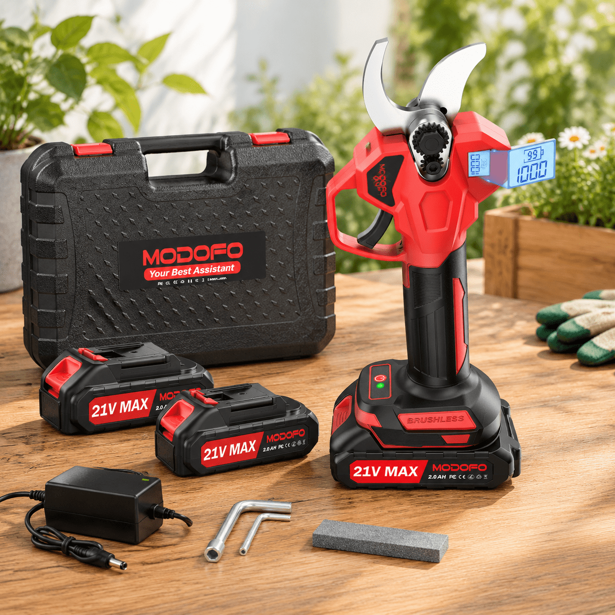 Red Cordless Electric Pruning Shears with LCD Display, 2.1