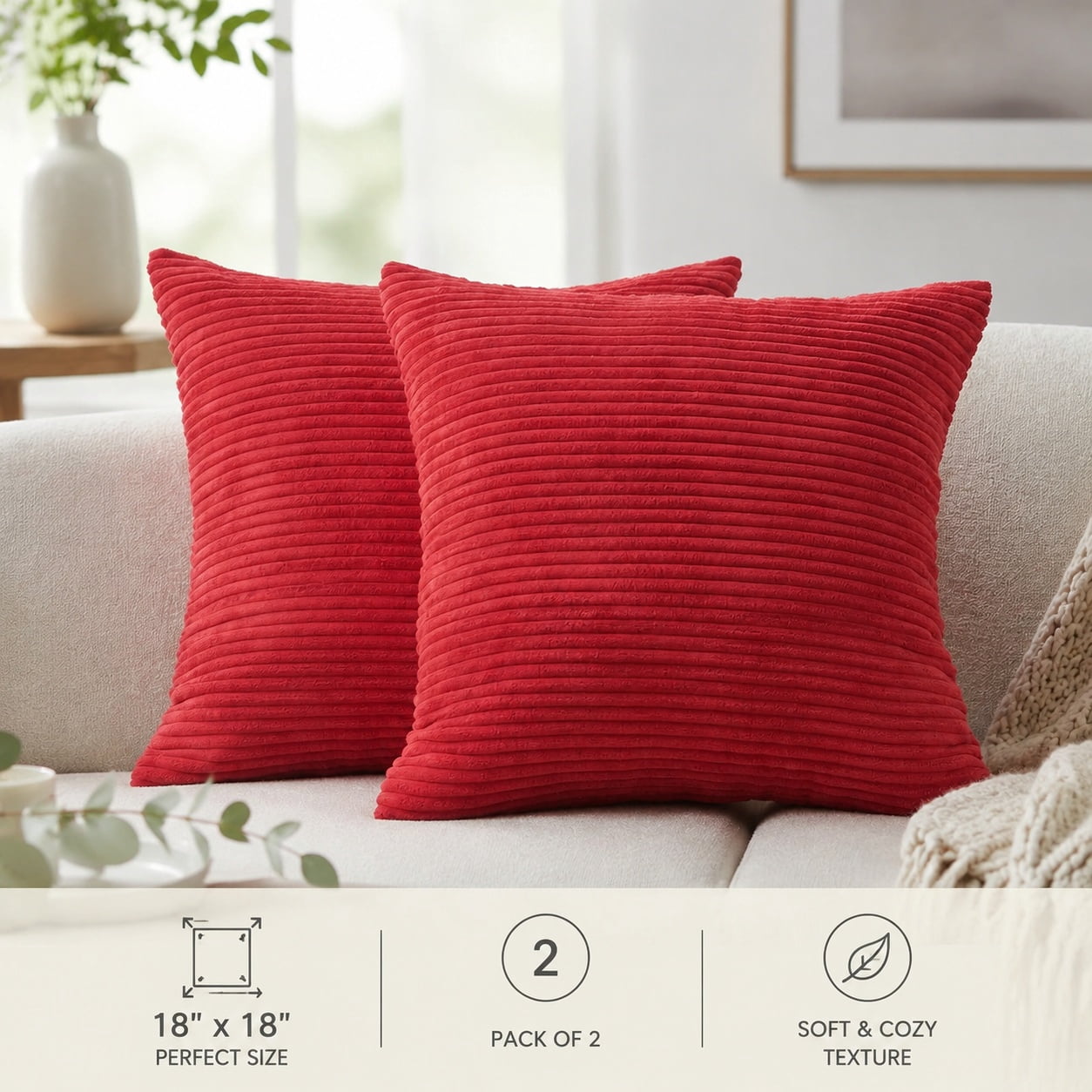 Red Corduroy Plush Decorative Pillow Covers 18x18, Set of 2, Throw