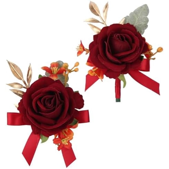 Red Corsage and Boutonniere Set for Prom, Wedding - Vibrant Rose Red Wrist Corsage with Lace Band, Boutonniere with Pin for Men - Romantic Floral Accessory Set$$Home Decor, Kitchen, & Other
