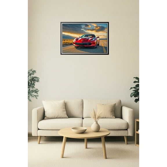 Red Corvette Poster – American Muscle Car Driving at Sunset, High-Performance Automotive Wall Art 【Rolled Canvas】