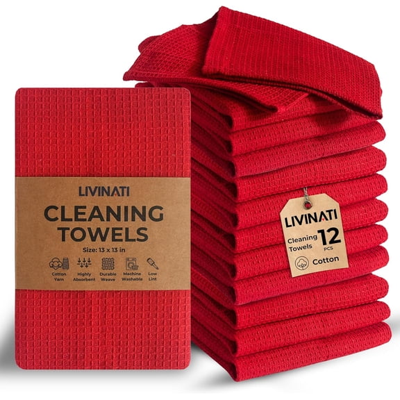 Red Cotton Cleaning Rags for Housekeeping - Trapos Paños De Limpieza Reutilizables - Kitchen Bar Shop Towel Dish Mop Wash Cloth for House Dust - Reusable Washable Absorbent - 13"x13" 12 Pack