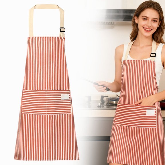 Red Cotton Linen Kitchen Apron with Pockets, Adjustable Bib Cooking Apron for Women and Men, Waterproof Chef Apron for Baking, BBQ, Restaurant, Home Kitchen, 1 Piece