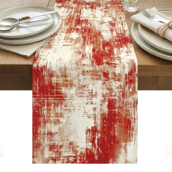 Red Cotton Linen Table Runner Modern Abstract Gradient Red Geometric Texture Dining Table Runners for Home Decor Party Dining Room Restaurant Kitchen Party 13" x 36"