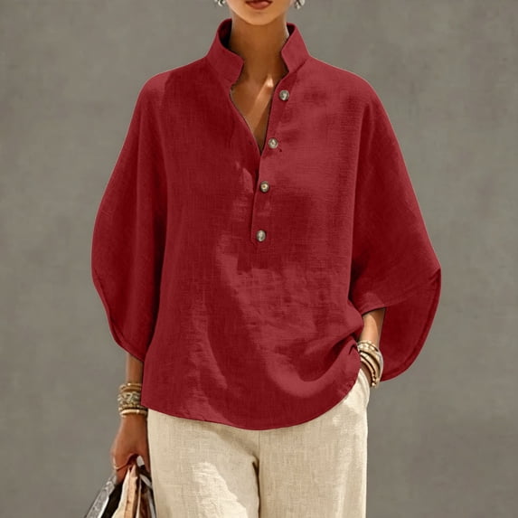 Red Cotton Linen Tops for Women Summer Half Sleeve V Neck Shirt Casual Blouses Clothes