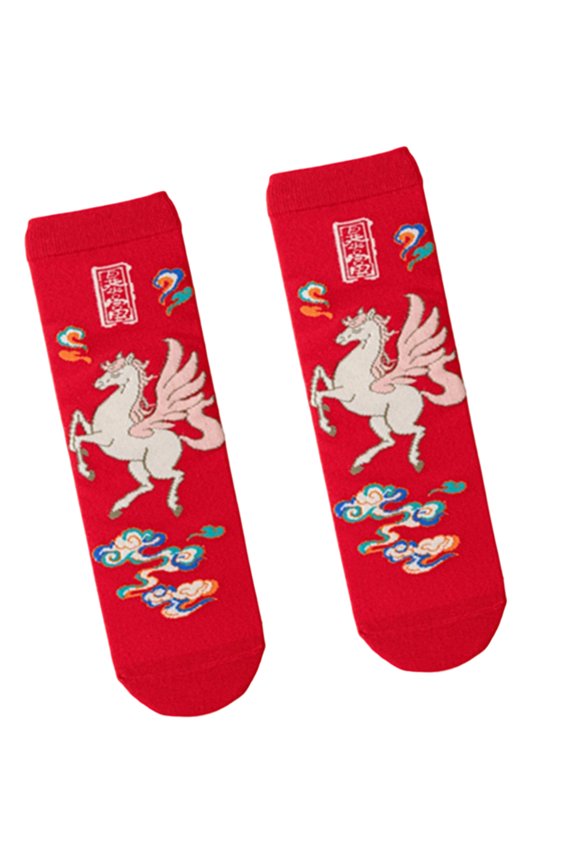 Red Cotton Middle Calf Socks For Couples Chinese Horse Year Design Festive Gift Comfortable Winter Wear Auspicious Patterns