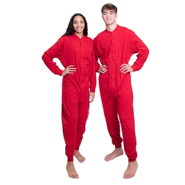 Red Cotton Onesie with Drop Seat Footless Union Suit Pajama for Men and Women