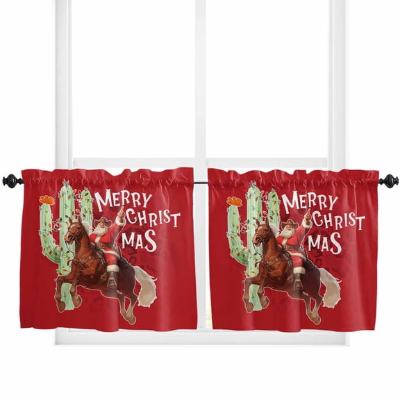Red Cowboy Christmas Kitchen Curtain 2 Panels Tiers Curtains 36 Inch Length, Western Xmas Santa Cactus Curtains Rod Pocket Curtains Window Drapes Treatment Window Cafe Curtains