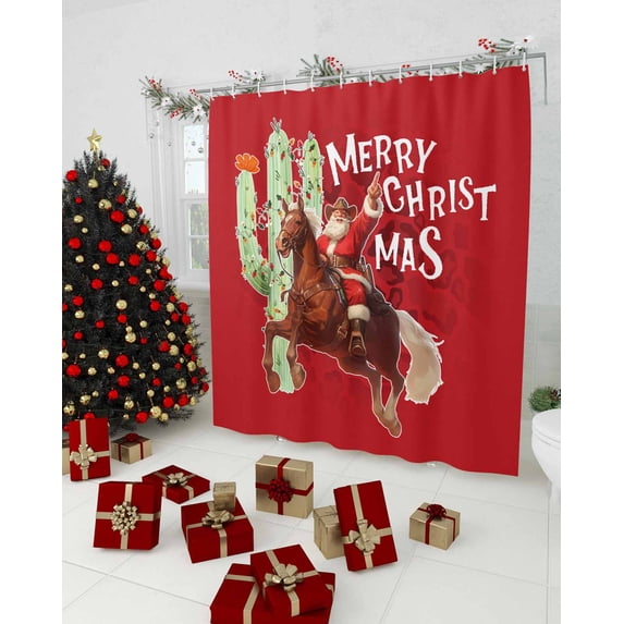 Red Cowboy Christmas Shower Curtain, Western Xmas Santa Cactus Waterproof Washable Boho Funny Cute Shower Curtains Set for Bathroom Farmhouse Bathtubs Decor with Hook, 48"Wx72"L
