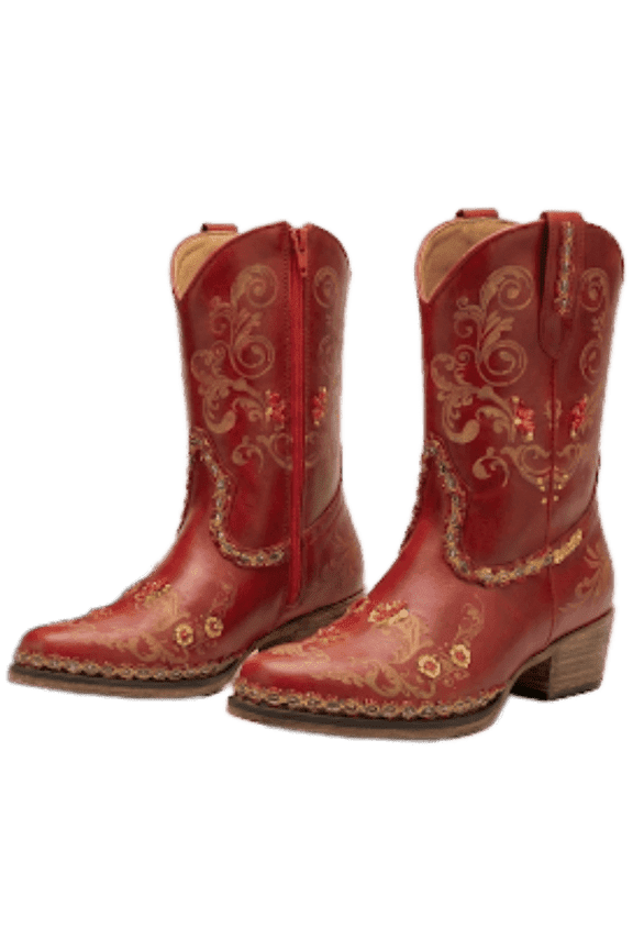 Red Cowgirl Boots with Gold Designs for Women – Hand-Designed Western Boots – Unique Holiday Gift - Womens size 8.5