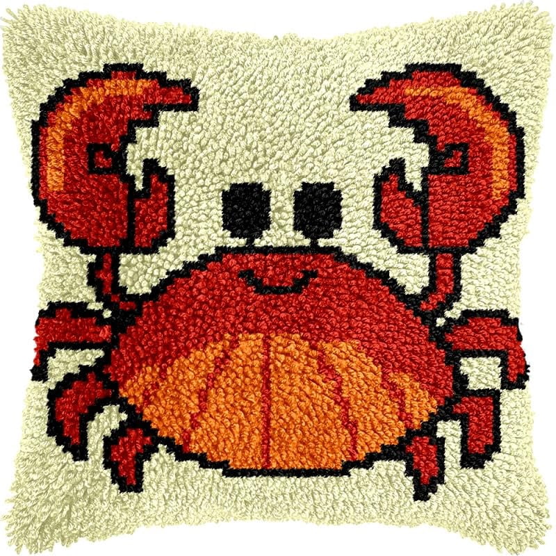 Red Crab Latch Hook Pillows Kits Cushion Pillow Cover with Pattern Printed Canvas Sofa Hooking Pillowcase Crafts Embroidery Latch Hooking Crochet Kits Set 17x17 inch(1)