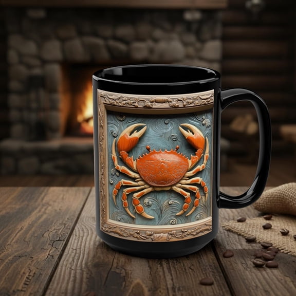 Red Crab Mug, Crab Fisherman Gift, 15oz Coastal Nautical Ceramic Cup, Faux Wood Beach House Decor, Sea Life Coffee Mug, Ocean Lover Gift