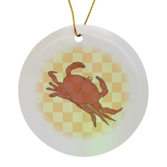 3drose, Red Crab on Yellow Checkered Background - Ocean and Beach Themes, Circle Porcelain Ornament
