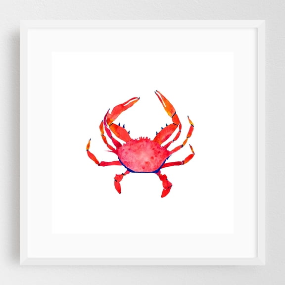 Red Crab - Painting Watercolor Marine Life Aquatic Illustration Beach Nautical White Framed Wall Art Print 16 x 16 inches