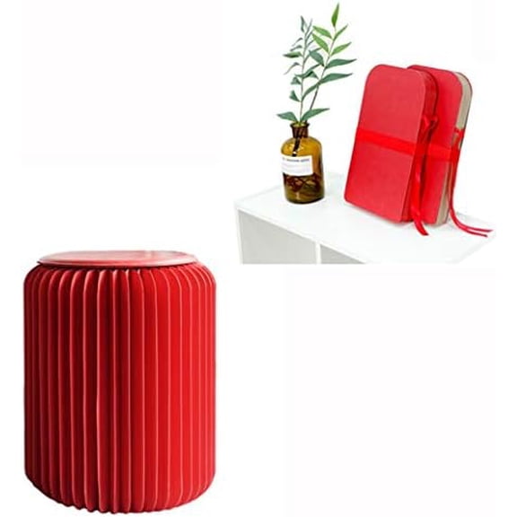 Red Craft Paper Stool with Felt Cushion - 11 inch Heigh - Folded Like A Book for Space Saving - Foot Stool Rest, Extra Seat for Living Room, Bedroom, Strudy, Bookstore, Dressing Room$$Furniture