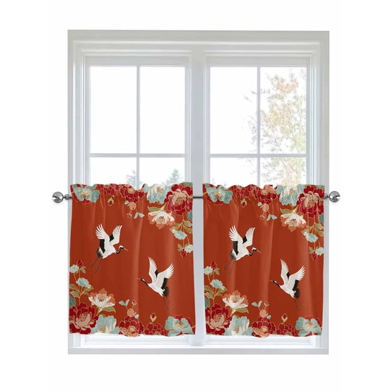 Red Crane 2 Panel Kitchen Curtains for Small Windows, Vintage Red Teal Spring Floral Botanical Bathroom Tier Curtain, Short Window Treatment for Bedroom/Living Room 55"x24"