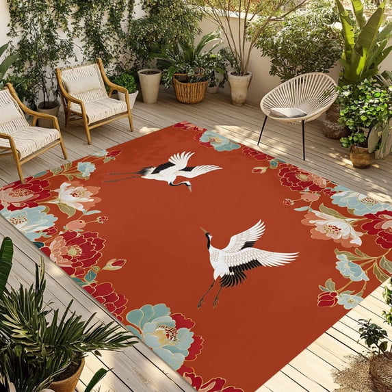 Red Crane Outdoor Rug for Patio/Deck/Porch, Non-Slip Large Area Rug 3 x 5 Ft, Vintage Red Teal Spring Floral Botanical Indoor Outdoor Rugs Washable Area Rugs, Reversible Camping Rug Carpet Runner