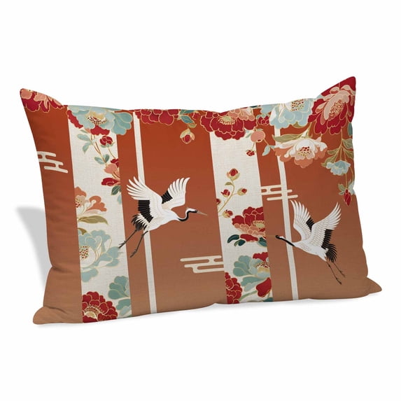 Red Crane Pillow Covers, Linen Long Throw Pillow Case, Vintage Elegant Spring Floral Botanical Holiday Pillow Protector Decorative Cushion Cover for Living Room/Bedroom 20" x 26"