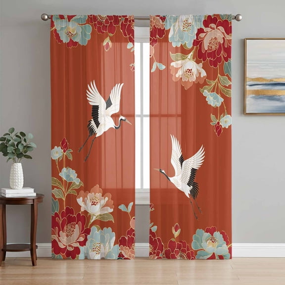 Red Crane Sheer Curtains 108 Inch Length 2 Panels Set for Living Room/Bedroom, Vintage Red Teal Spring Floral Botanical Semi Curtain Sheers Drapes Rod Pocket Curtains Window Treatment 52''x108''x2
