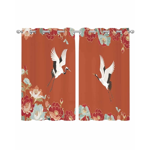 Red Crane Sheer Curtains 54 Inch Length 2 Panels Set for Living Room/Bedroom, Vintage Red Teal Spring Floral Botanical Kitchen Curtains Grommet Semi-Sheer Curtains Drapes Window Treatments 42"x54"x2