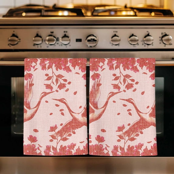 Red Crane Silhouette Kitchen Towels Set of 3, Modern Abstract Flowers Botanical Absorbent Dish Towels for Kitchen, Microfiber Hand Towel, Quick Drying Tea Towel for Cleaning Decorative Dishcloths