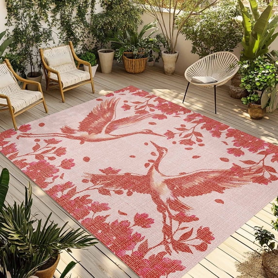 Red Crane Silhouette Outdoor Rug for Patio/Deck/Porch, Non-Slip Large Area Rug 6 x 9 Ft, Modern Abstract Flowers Botanical Indoor Outdoor Rugs Washable Area Rugs, Reversible Camping Rug Carpet Runner