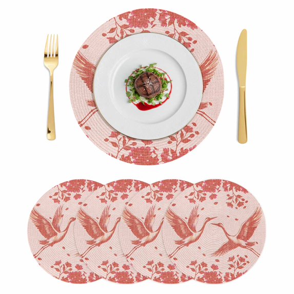 Red Crane Silhouette Round 15 Inch Placemats Set of 4, Modern Abstract Flowers Botanical HeatResistant Non Slip Place Mats for Dining Table, Wipeable Braided Kitchen Table Mats for Housewarming