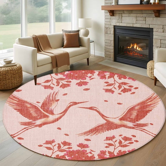 Red Crane Silhouette Round Area Rug 5Ft Washable Circle Rugs for Living Room Bedroom, Modern Abstract Flowers Botanical Non-Slip Carpet Floor Mats Indoor Outdoor Carpet Runner Aesthetic Home Decor