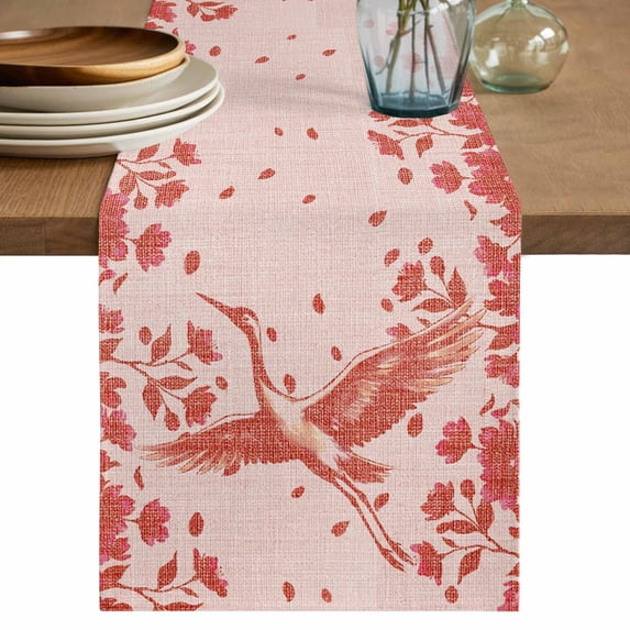 Red Crane Silhouette Table Runner 90 Inches, Modern Abstract Flowers Botanical Bed Runner Dresser Scarves Tabletop for Indoor Outdoor Parties/Ceremony/Banquet, 13" x 90"