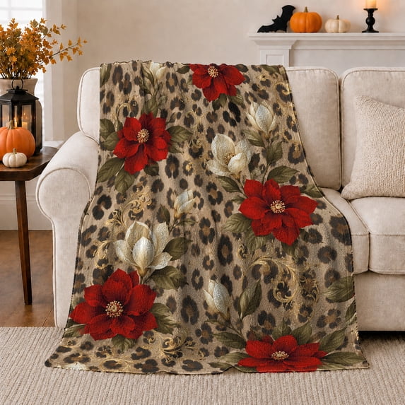 Red and Cream Flowers on Leopard Spots, Regal Botanical Style for Flower Lovers, Wild Floral Garden Print and Housewarming Gift, Soft Flannel Blanket for Bedroom and Guest Room, Home Decor