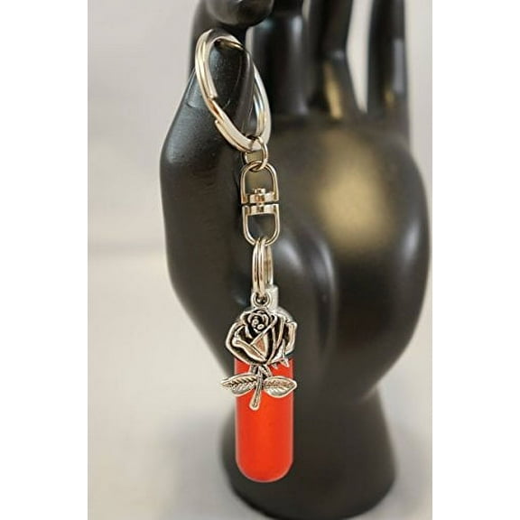 Red Cremation Urn with Silver Rose - on Swivel Stainless Steel Keychain - Includes Velvet Pouch &amp; Fill Kit