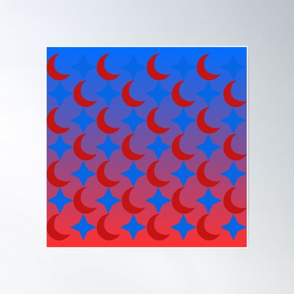 Red Crescent Moon/Blue Star Pattern/Gradient Sky Poster Wall Art, Modern Wall Decor, 16x16 UNFRAMED